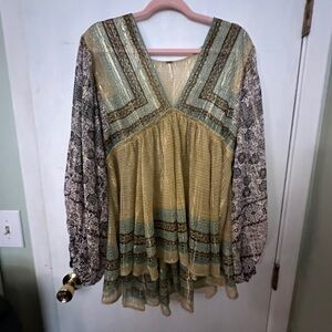 Free People Gold and Green Patterned Blouse